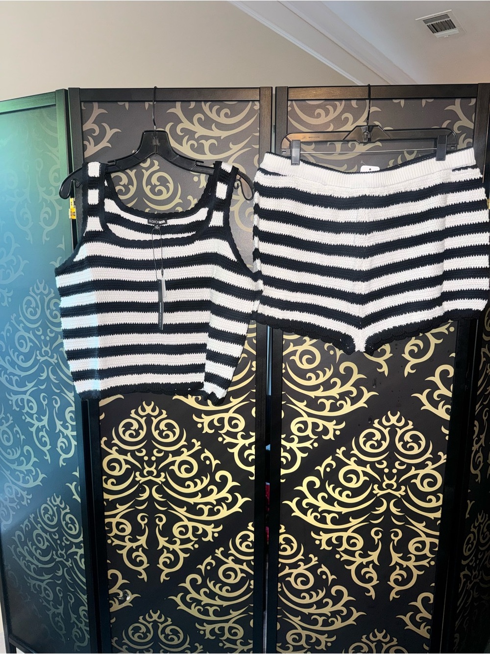 Fashion Nova Black & White Striped Knit Tank and Shorts Set
